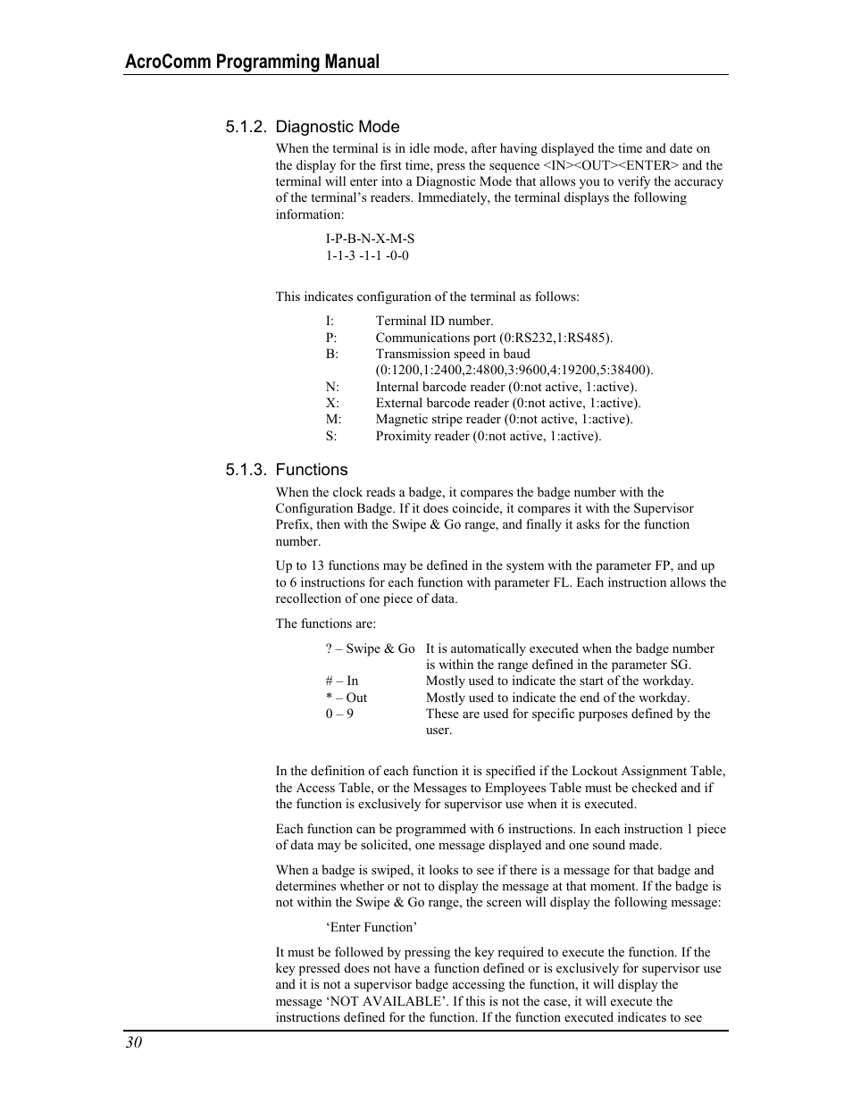 Diagnostic mode, Functions, Acrocomm programming manual | Acroprint AcroComm User Manual | Page 30 / 64