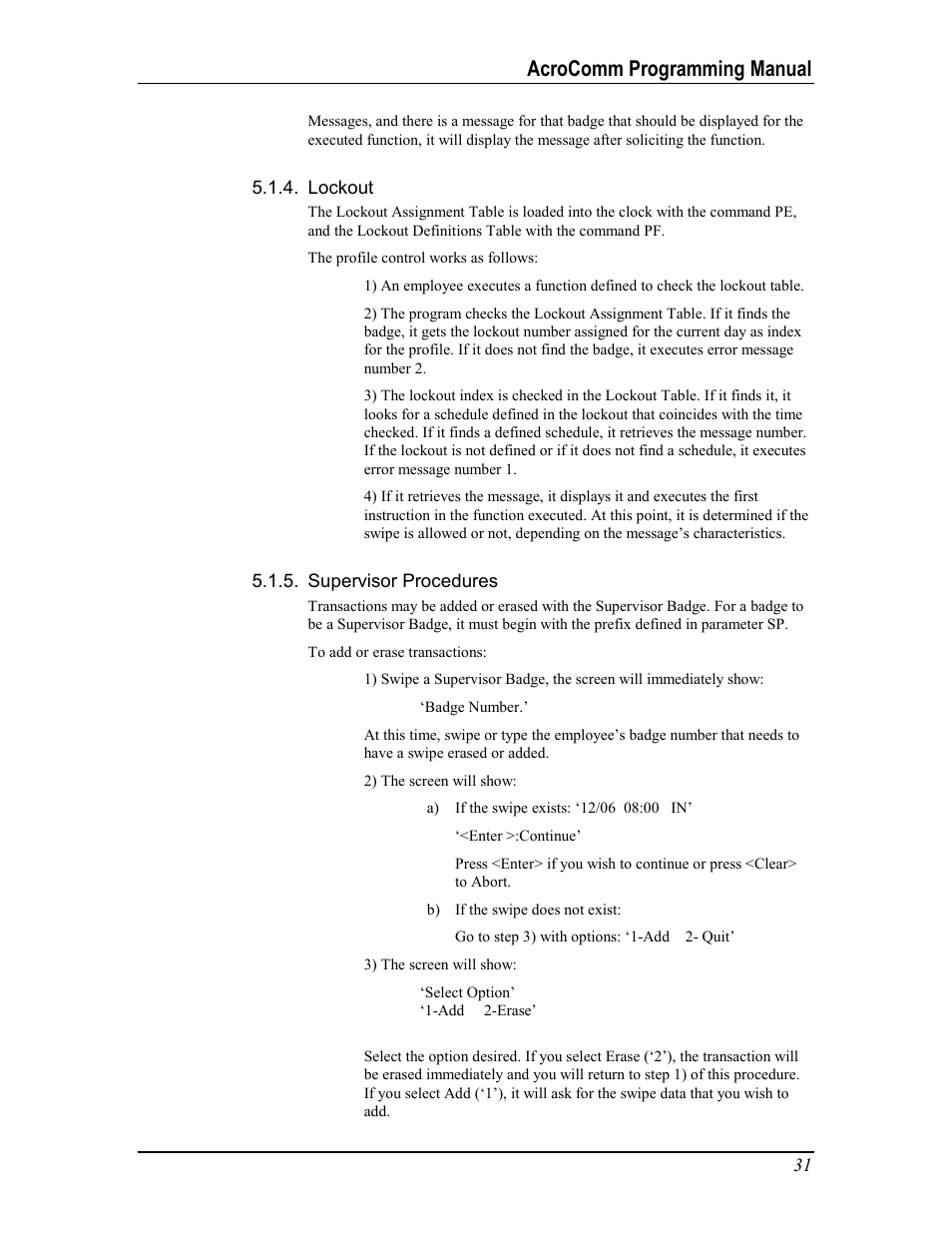 Lockout, Supervisor procedures, Acrocomm programming manual | Acroprint AcroComm User Manual | Page 31 / 64