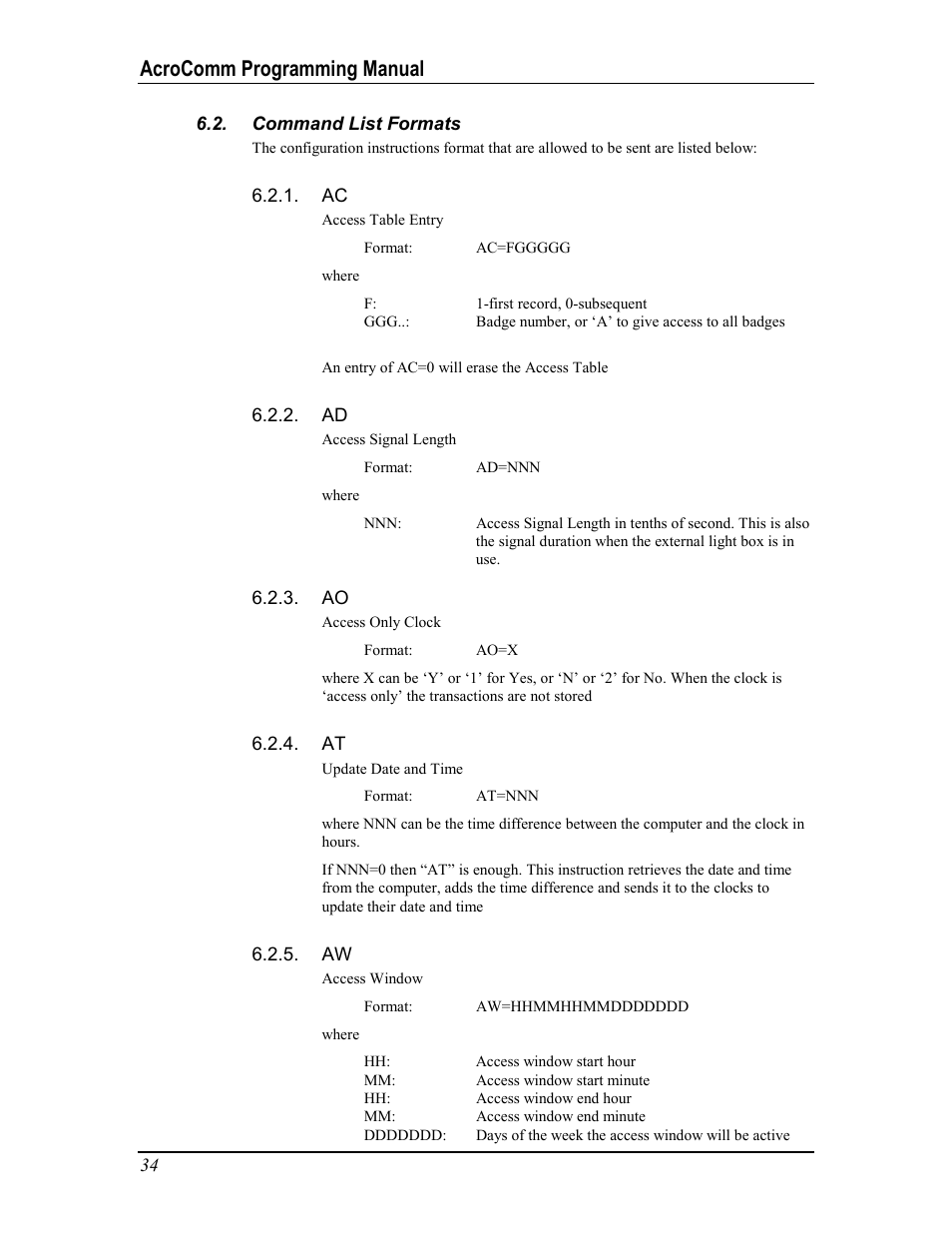 Command list formats, Ommand, Ormats | Acrocomm programming manual | Acroprint AcroComm User Manual | Page 34 / 64