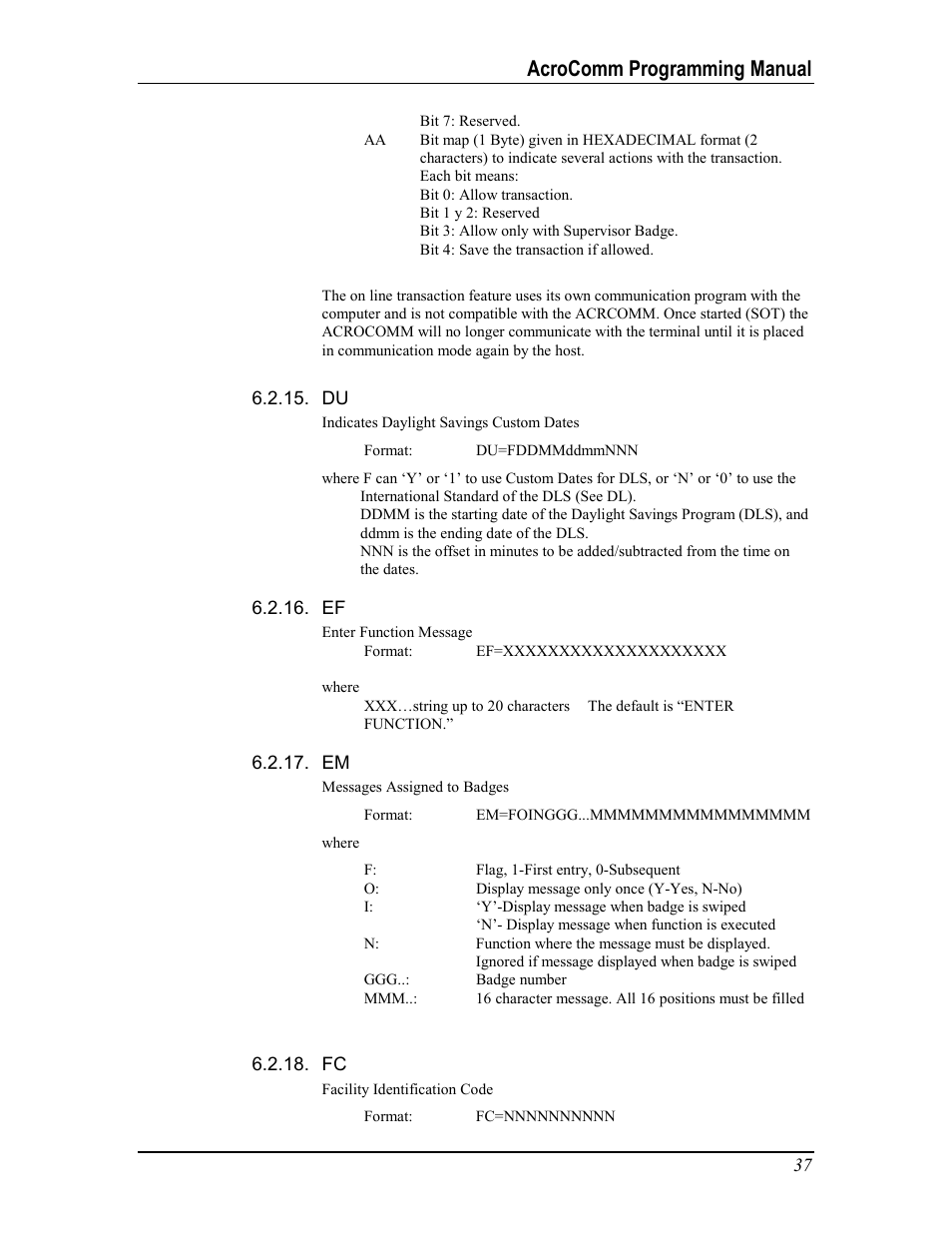 Acrocomm programming manual | Acroprint AcroComm User Manual | Page 37 / 64