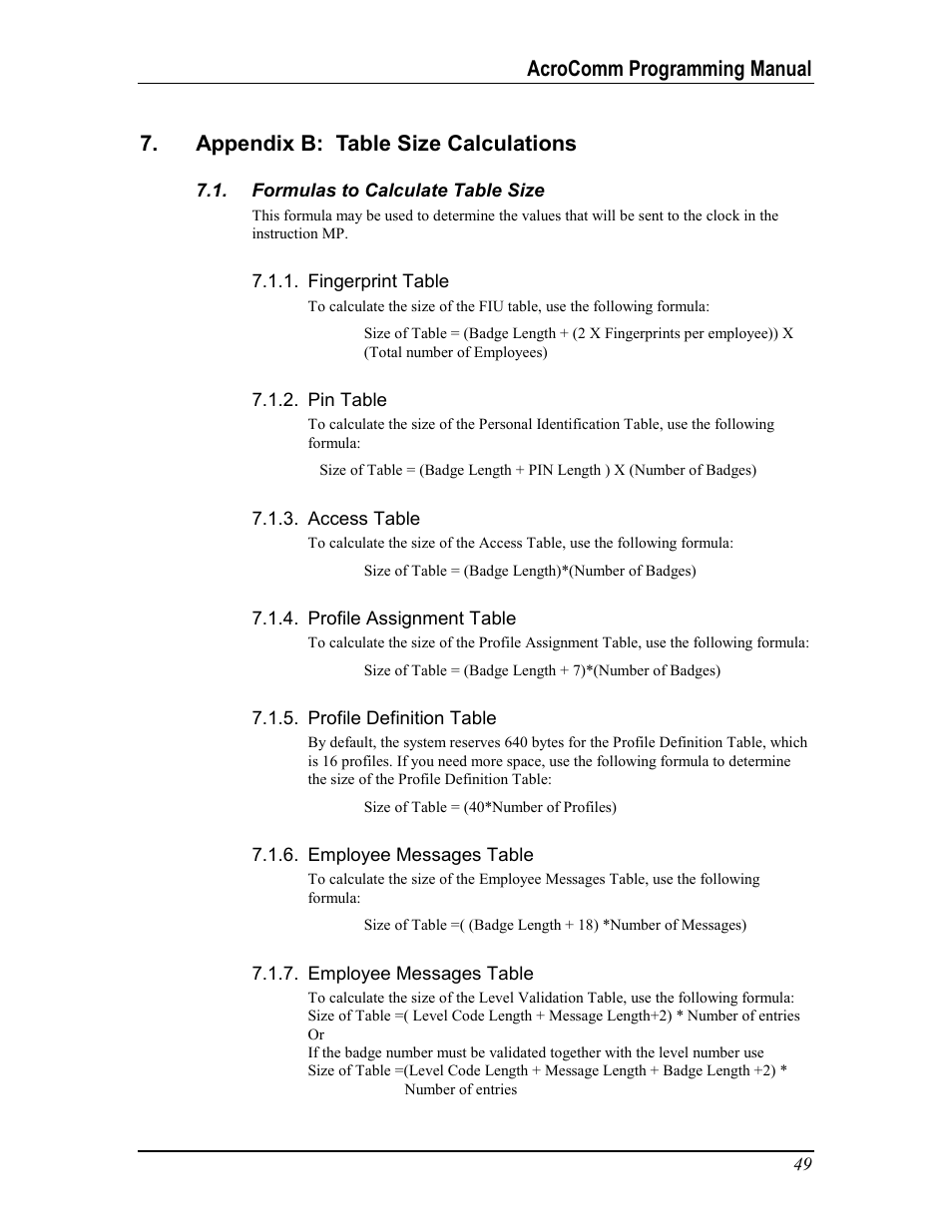 Appendix b: table size calculations, Formulas to calculate table size, Fingerprint table | Pin table, Access table, Profile assignment table, Profile definition table, Employee messages table, Ormulas to, Alculate | Acroprint AcroComm User Manual | Page 49 / 64