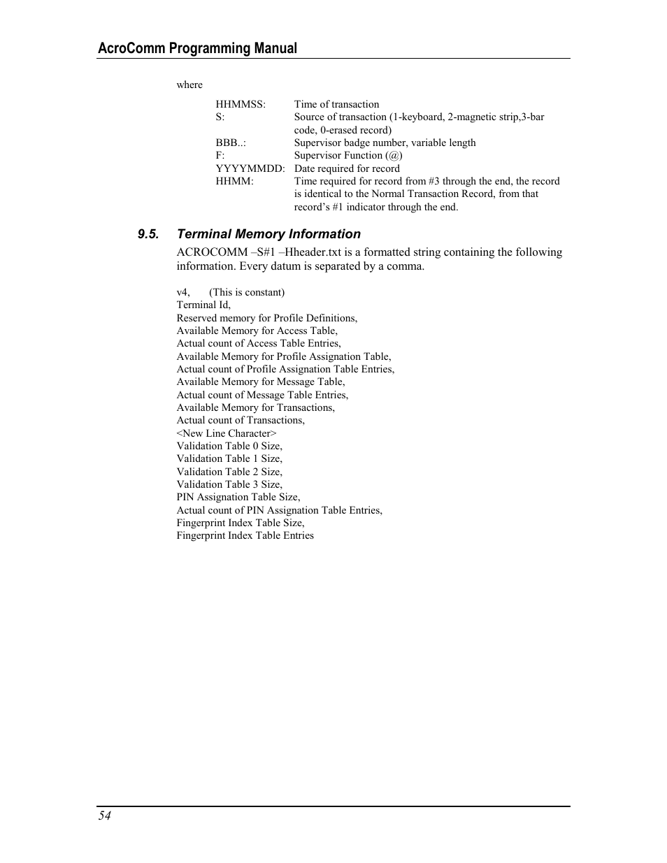 Terminal memory information, Appendix d: transactions output format, Eader | Ecord, Ormat, Hange, Ormal, Ransaction, Upervisor, Acrocomm programming manual | Acroprint AcroComm User Manual | Page 54 / 64