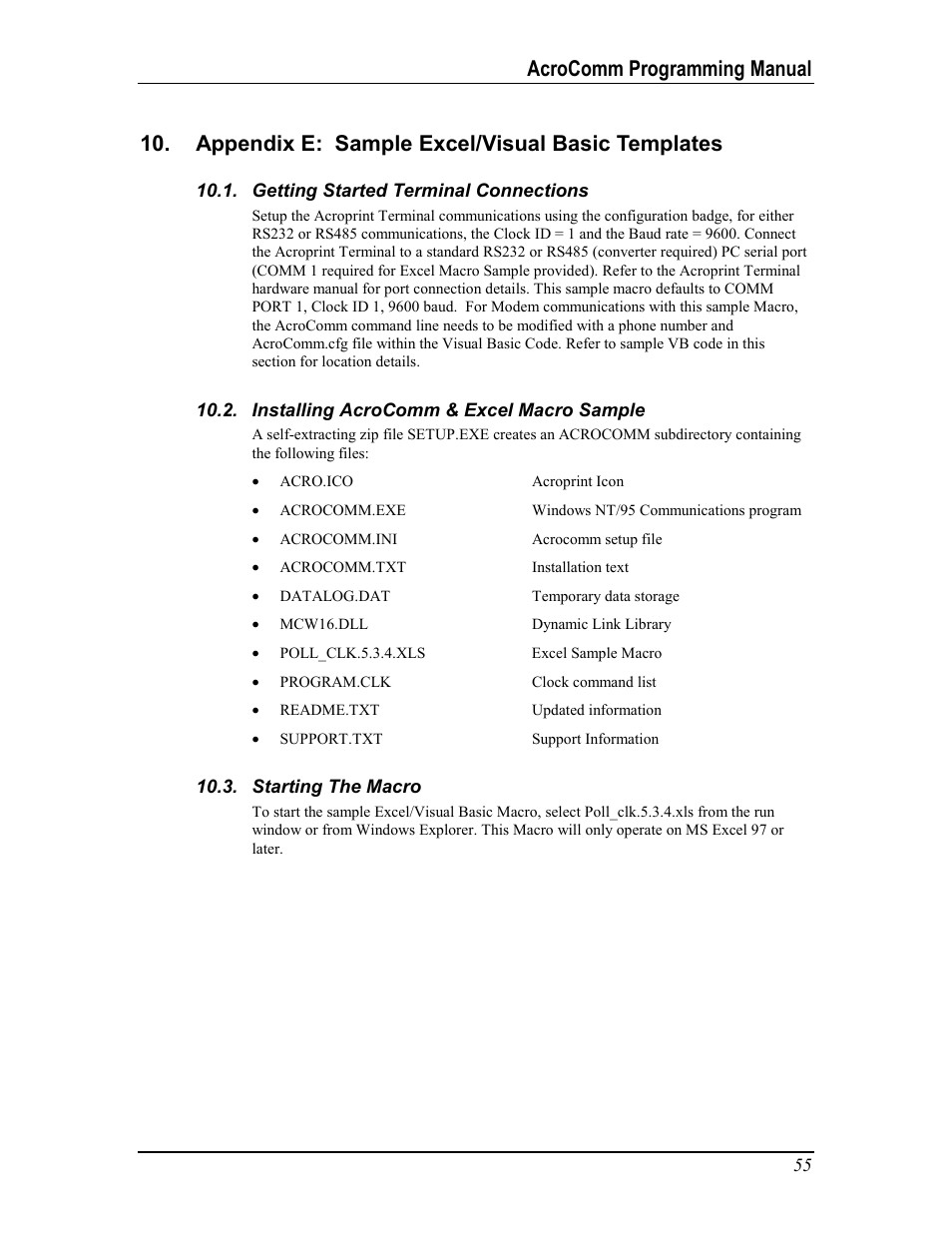 Appendix e: sample excel/visual basic templates, Getting started terminal connections, Installing acrocomm & excel macro sample | Starting the macro, Erminal, Emory, Nformation | Acroprint AcroComm User Manual | Page 55 / 64