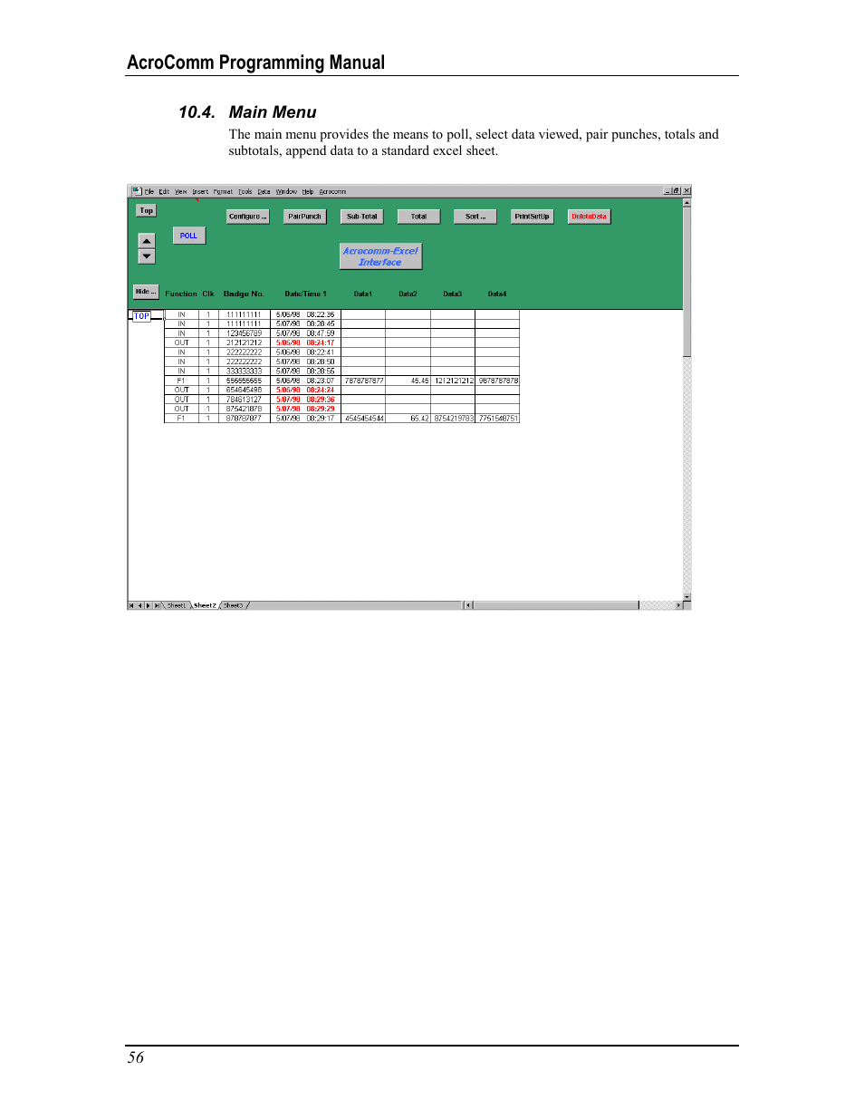 Main menu, Appendix e: sample excel/visual basic templates, Etting | Tarted, Erminal, Onnections, Nstalling, Xcel, Acro, Ample | Acroprint AcroComm User Manual | Page 56 / 64