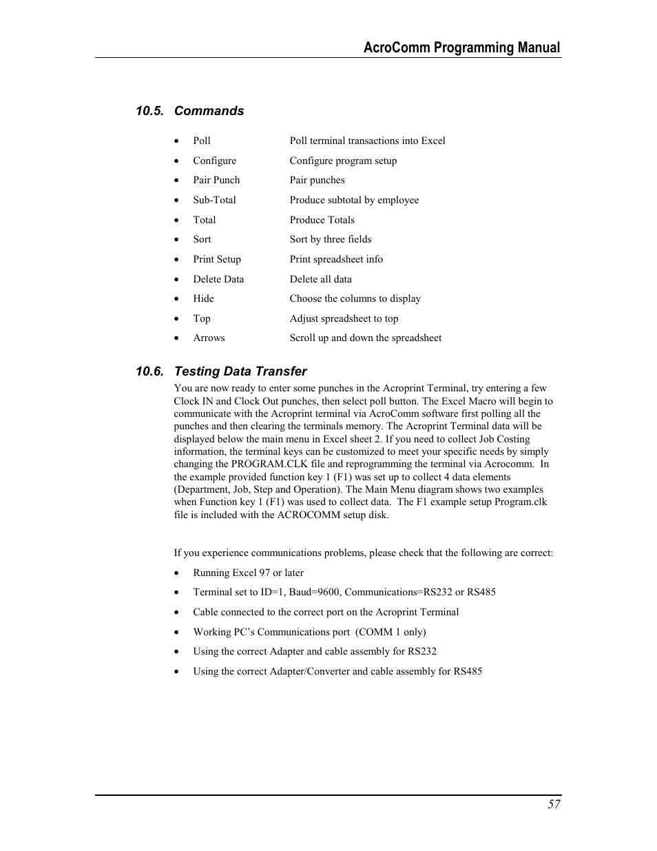 Commands, Testing data transfer, Acrocomm programming manual | Acroprint AcroComm User Manual | Page 57 / 64