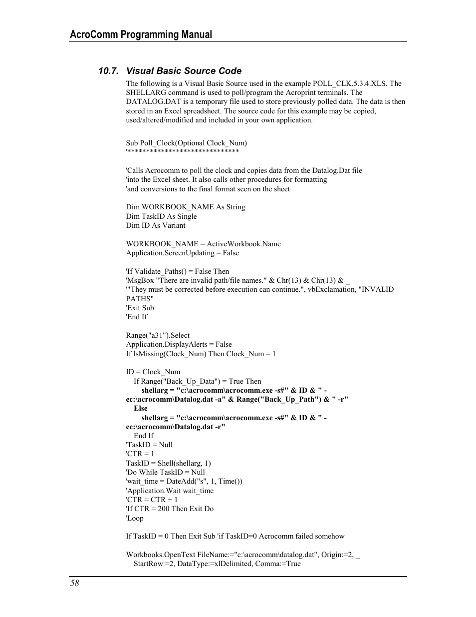 Visual basic source code, Ommands, Esting | Ransfer, Acrocomm programming manual | Acroprint AcroComm User Manual | Page 58 / 64