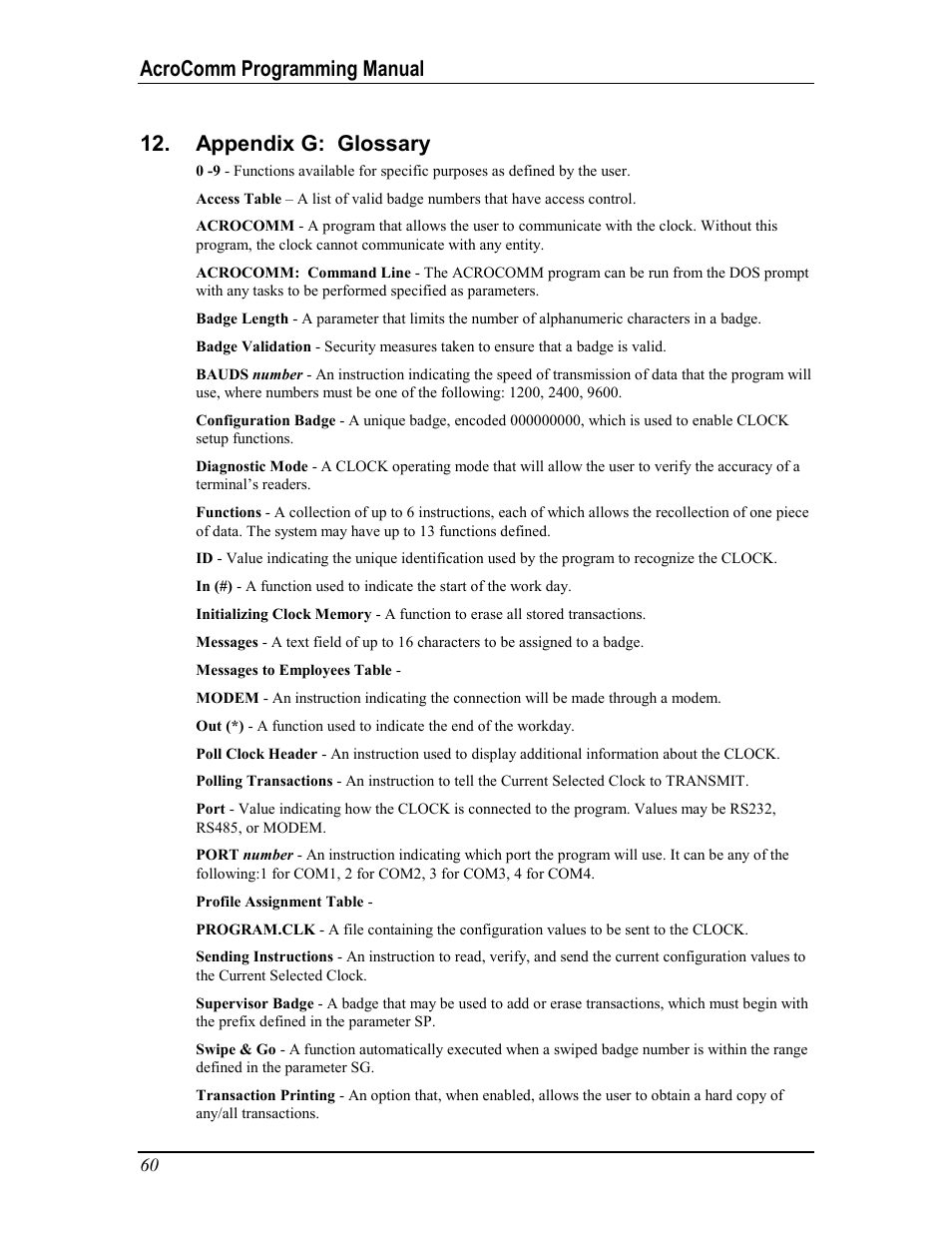 Appendix g: glossary | Acroprint AcroComm User Manual | Page 60 / 64