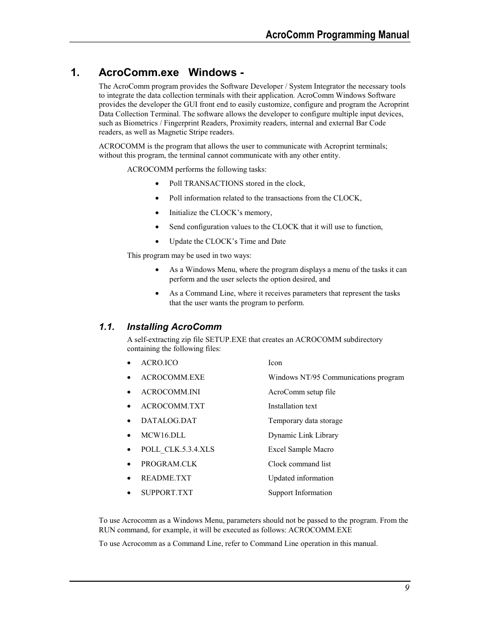 Installing acrocomm, Acrocomm.exe windows, Nstalling | Acroprint AcroComm User Manual | Page 9 / 64