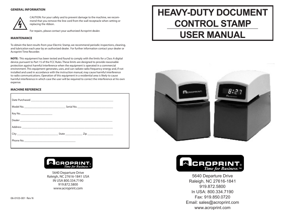 Acroprint E-Series (ET__ETC) User Manual | 4 pages