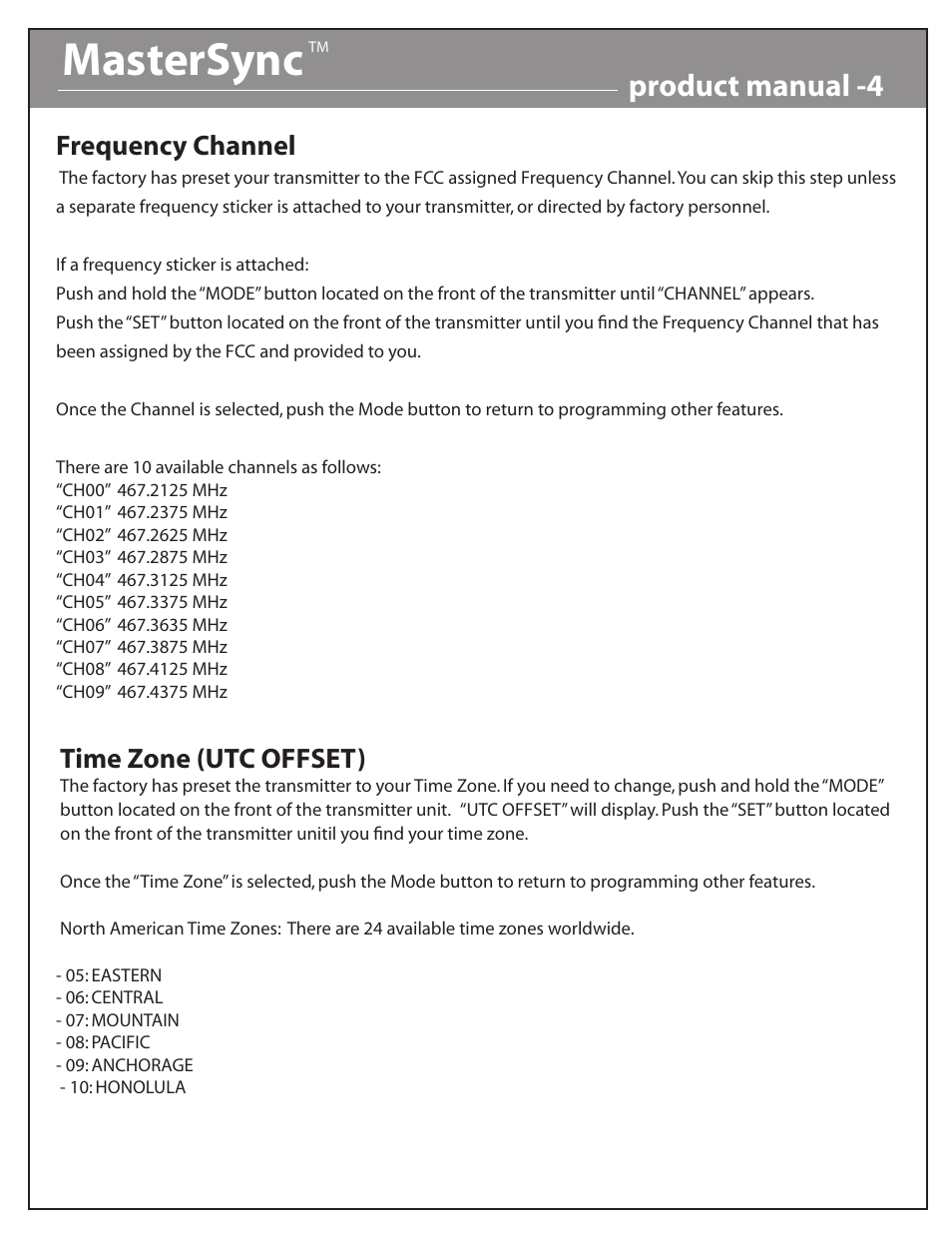 Mastersync, Product manual -4, Frequency channel | Time zone (utc offset) | Acroprint MasterSync Wireless Synchronized Clock Systems User Manual | Page 4 / 7