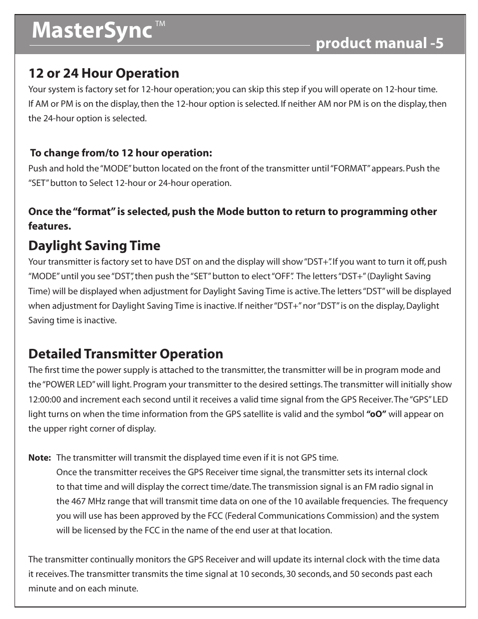 Mastersync, Product manual -5, 12 or 24 hour operation | Daylight saving time, Detailed transmitter operation | Acroprint MasterSync Wireless Synchronized Clock Systems User Manual | Page 5 / 7