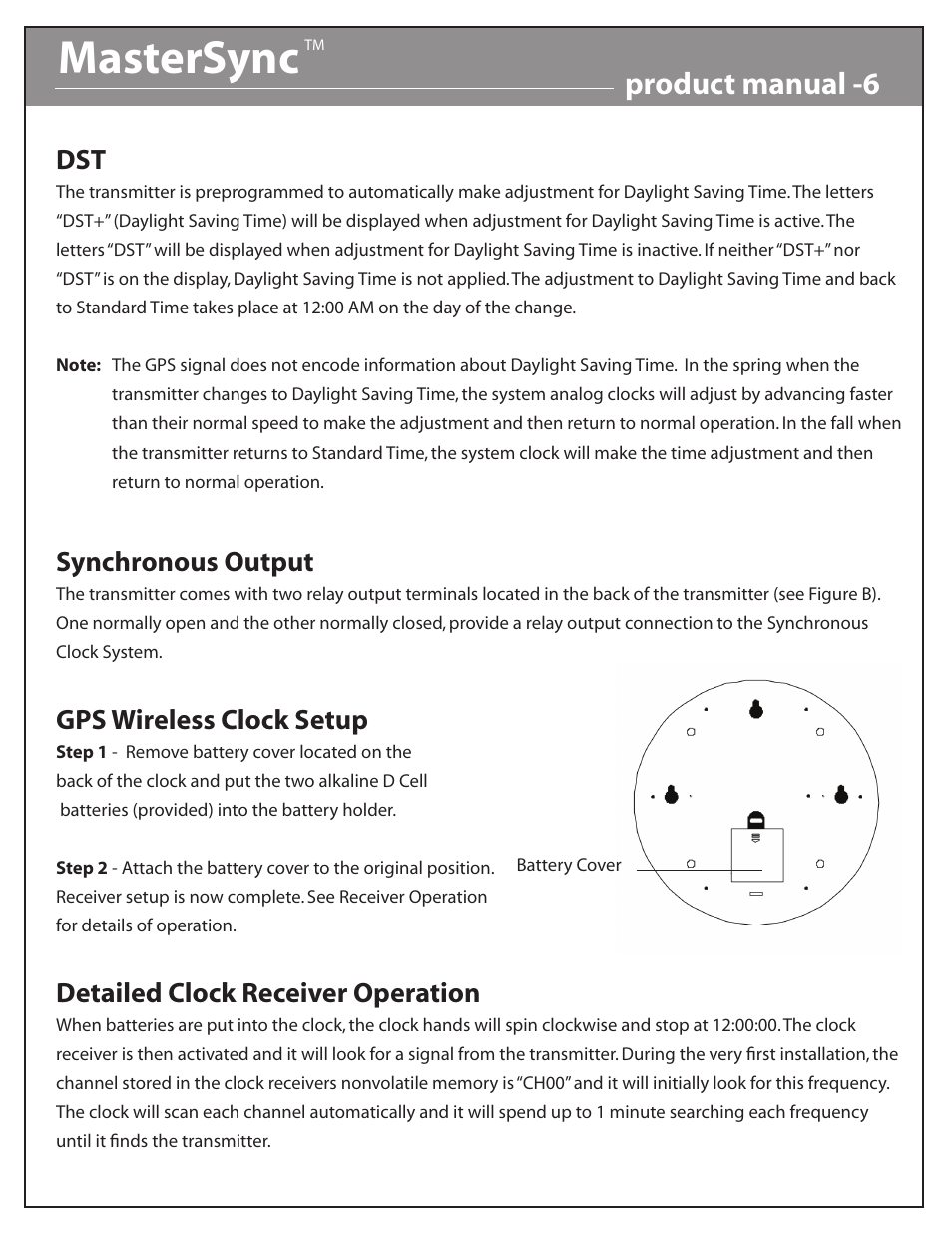 Mastersync, Product manual -6, Synchronous output | Gps wireless clock setup, Detailed clock receiver operation | Acroprint MasterSync Wireless Synchronized Clock Systems User Manual | Page 6 / 7
