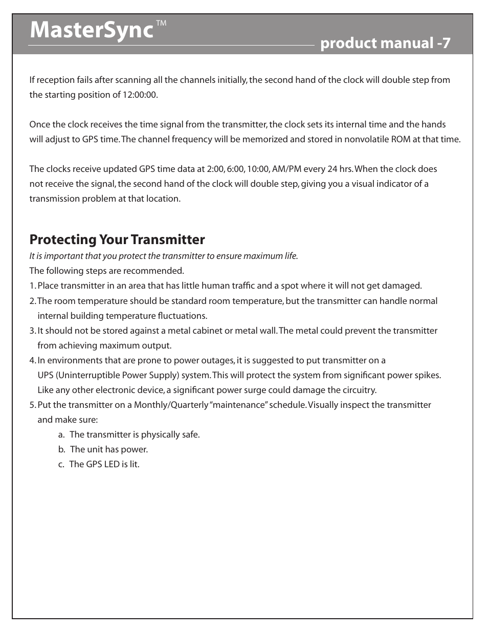 Mastersync, Product manual -7, Protecting your transmitter | Acroprint MasterSync Wireless Synchronized Clock Systems User Manual | Page 7 / 7