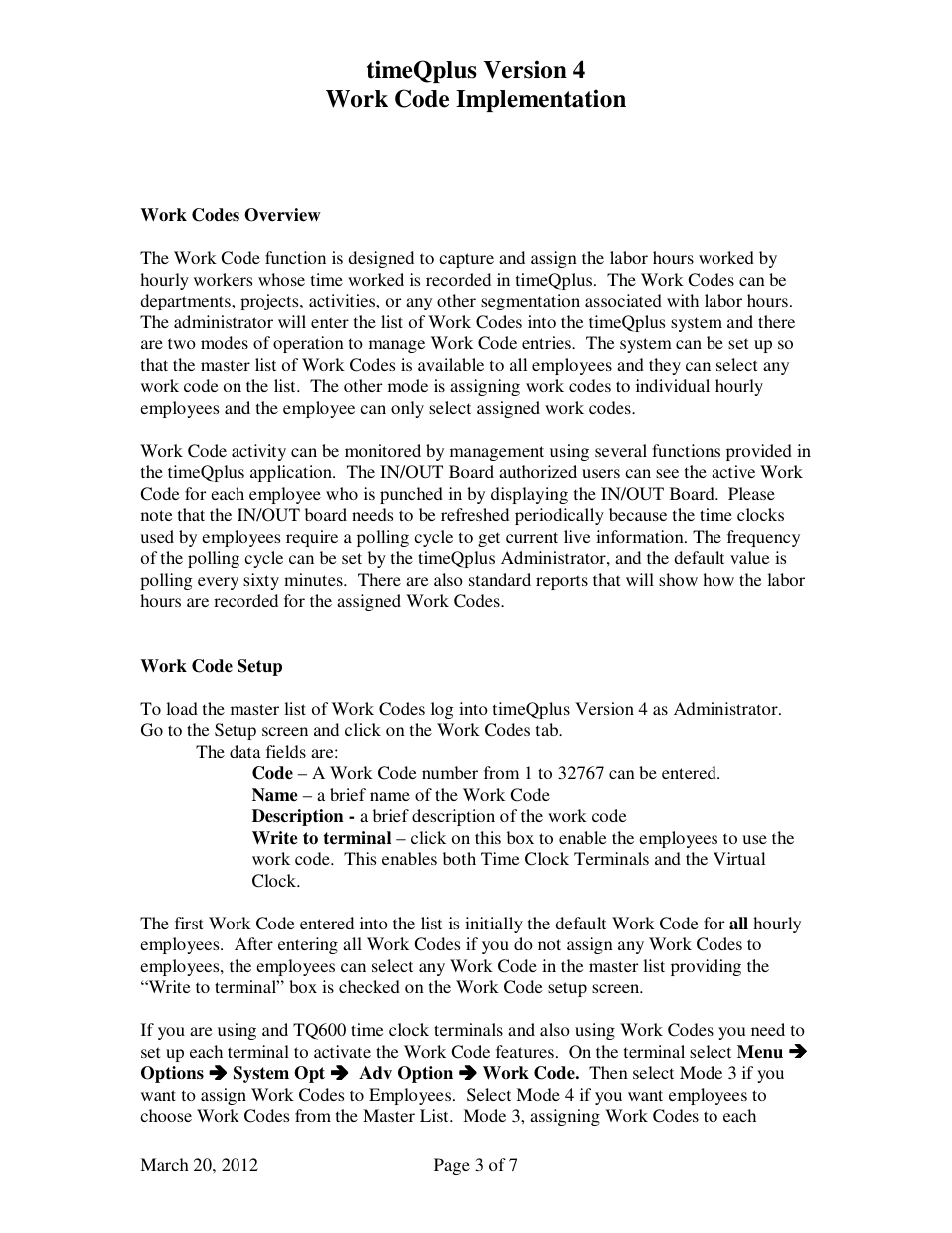 Timeqplus version 4 work code implementation | Acroprint timeQplus (software version 4.x and above) User Manual | Page 3 / 7