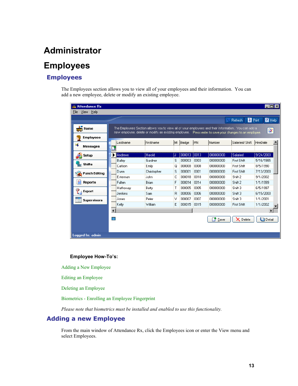 Administrator employees | Acroprint Attendance Rx User Manual | Page 13 / 61