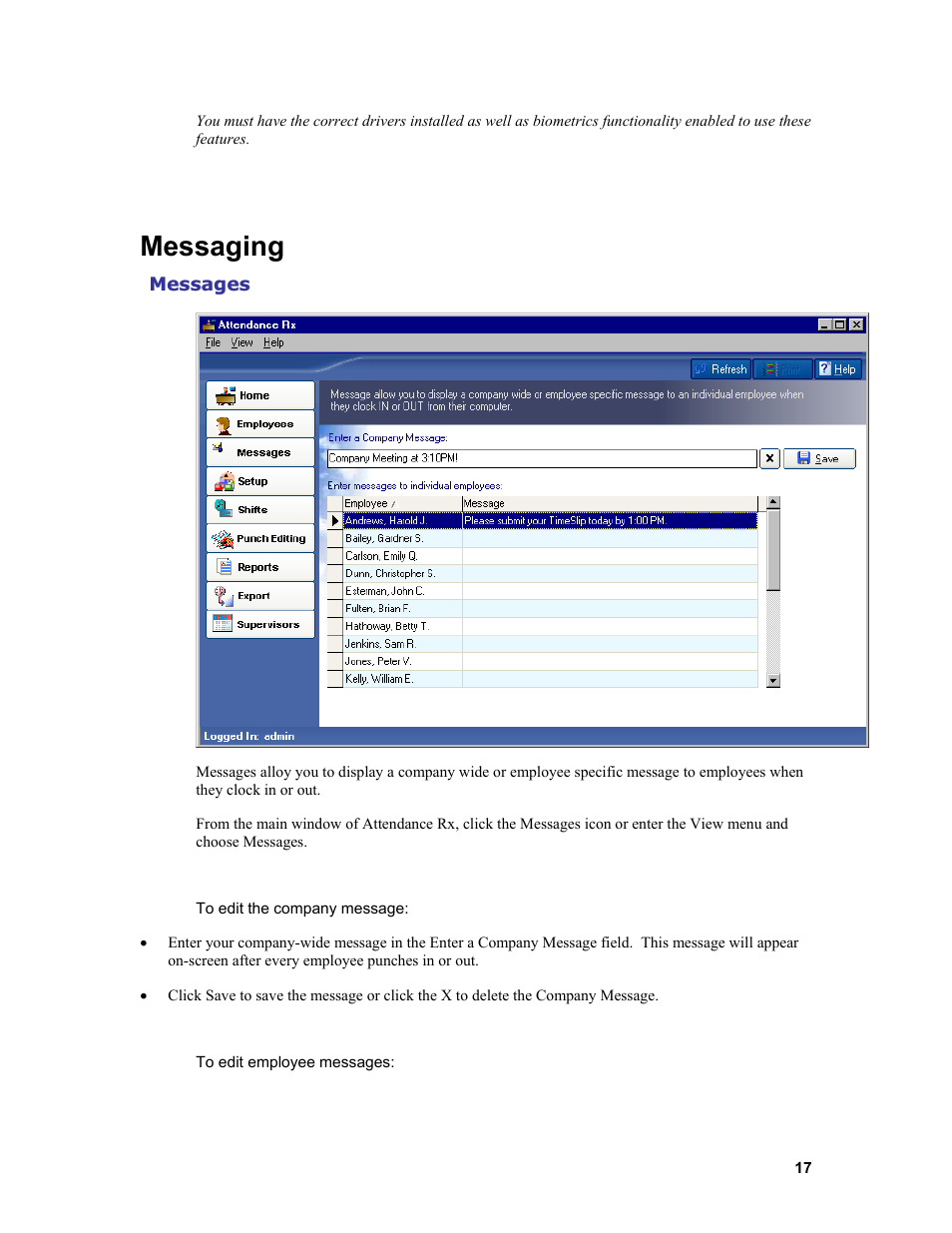 Messaging | Acroprint Attendance Rx User Manual | Page 17 / 61