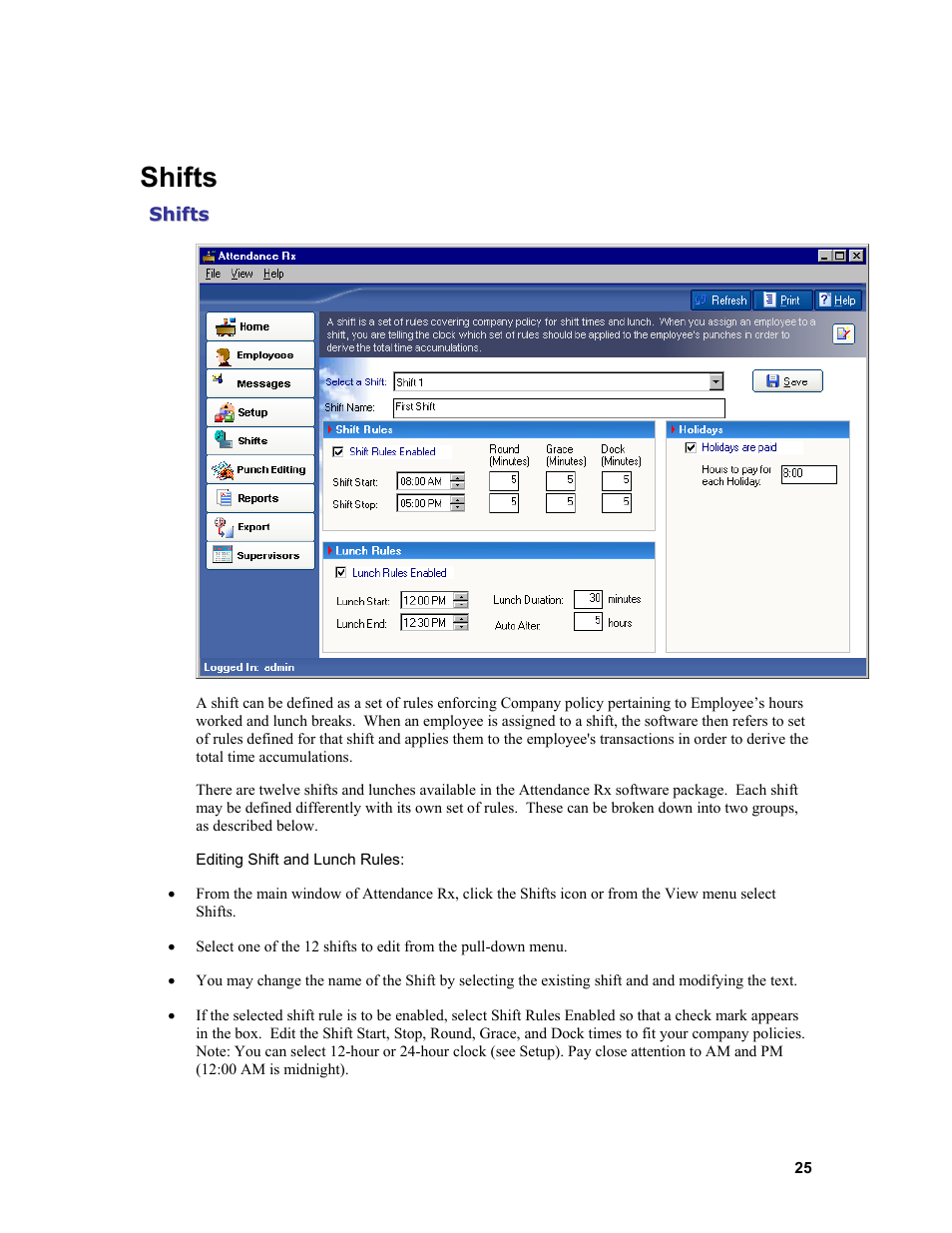 Shifts | Acroprint Attendance Rx User Manual | Page 25 / 61
