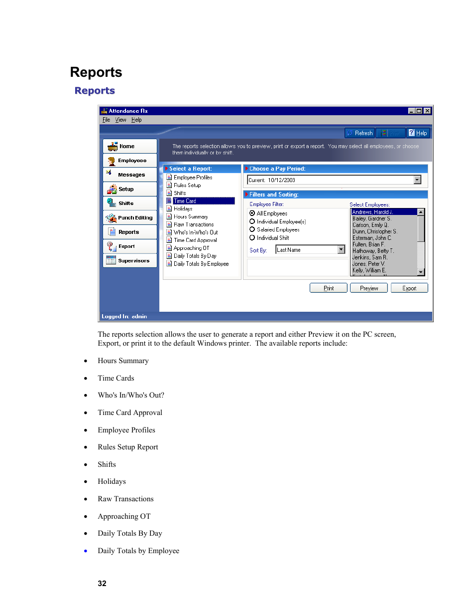 Reports | Acroprint Attendance Rx User Manual | Page 32 / 61