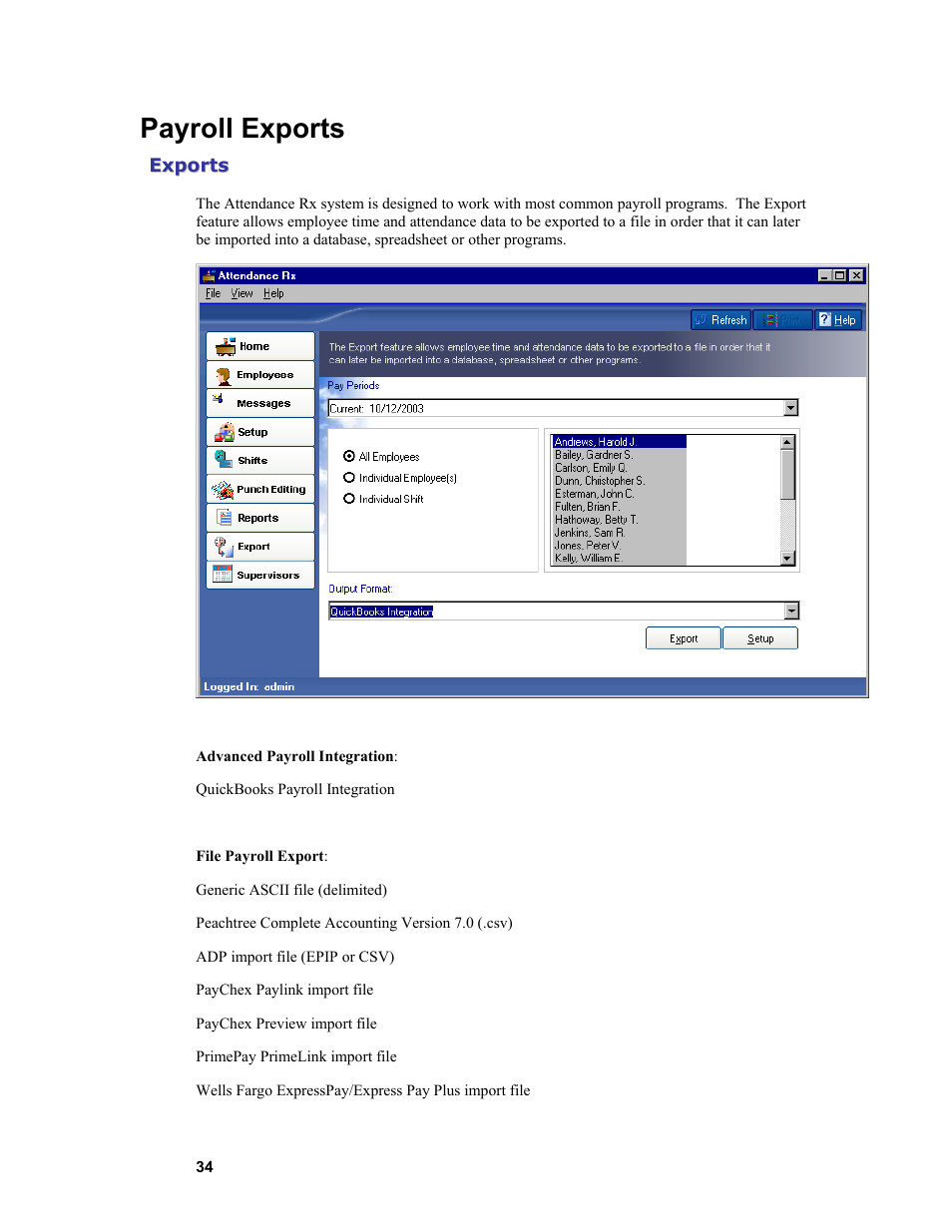 Payroll exports | Acroprint Attendance Rx User Manual | Page 34 / 61