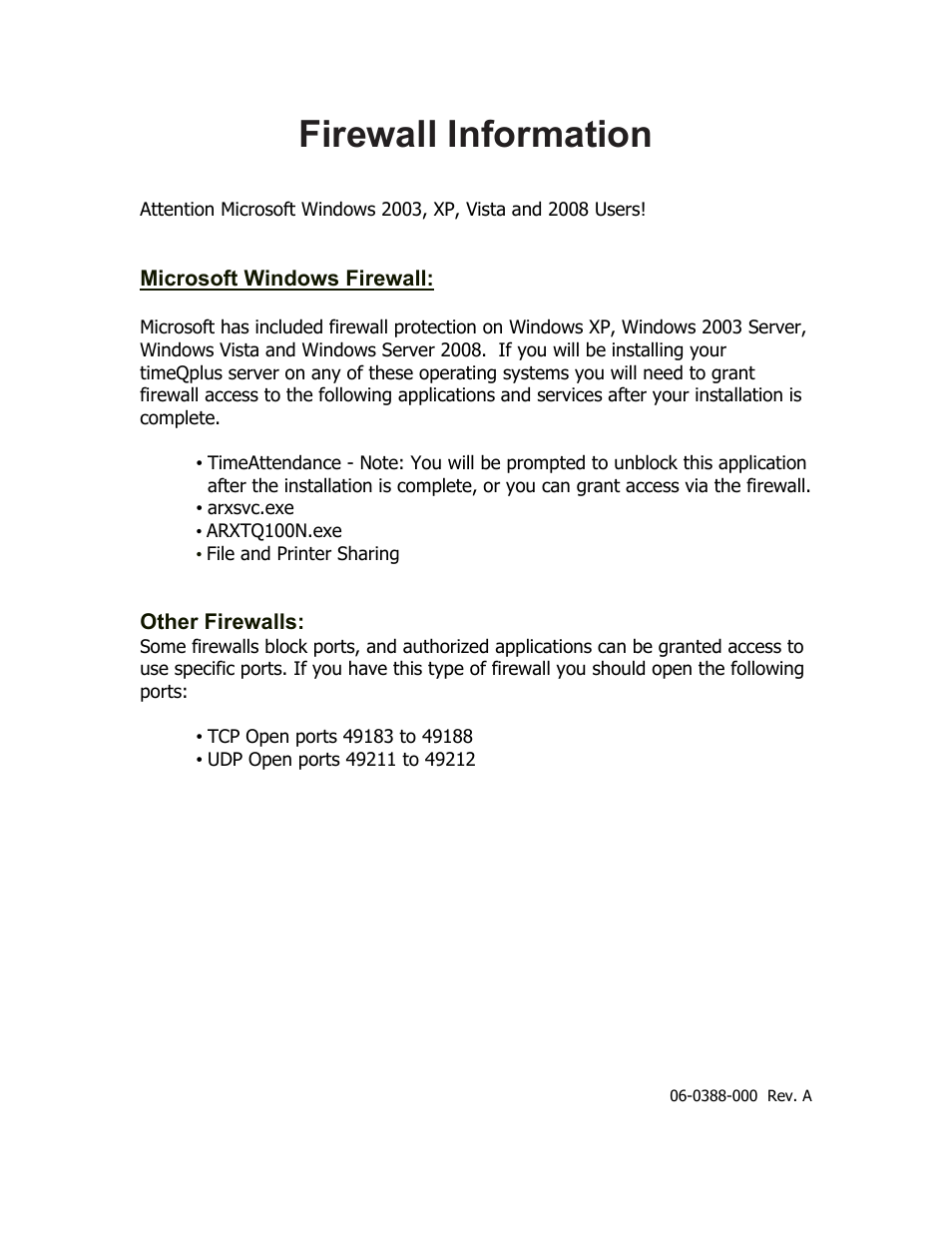 Acroprint Firewall Information User Manual | 1 page