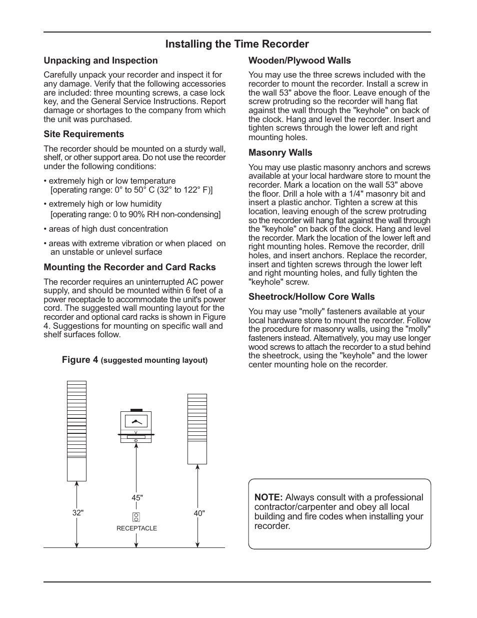 Installing the time recorder | Acroprint 150 Time Clocks User Manual | Page 3 / 4