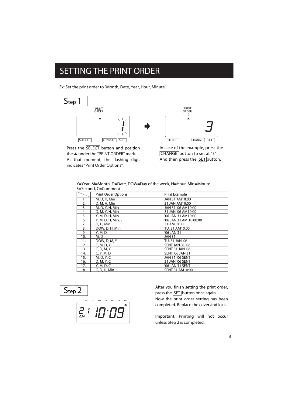 Setting the print order s | Acroprint ES700 Electronic Time Recorder User Manual | Page 13 / 34