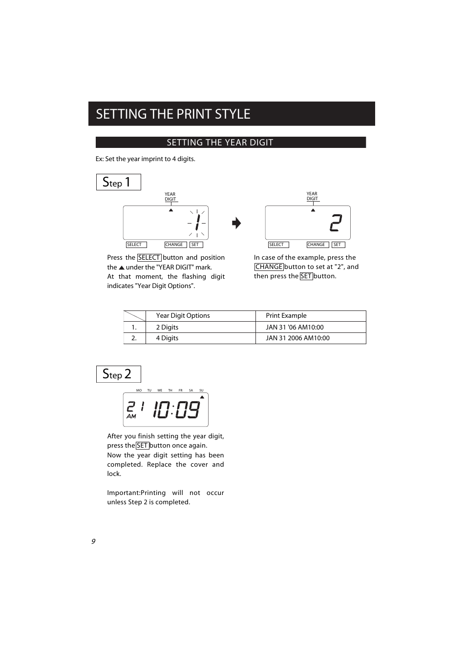 Setting the print style s, Setting the year digit | Acroprint ES700 Electronic Time Recorder User Manual | Page 14 / 34