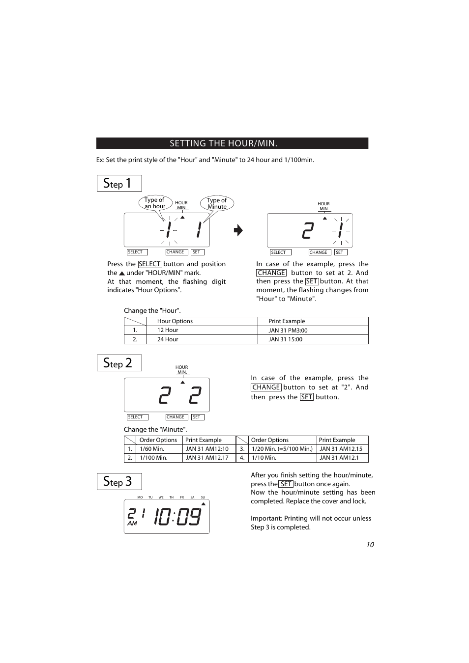 Setting the print style s, Setting the hour/min | Acroprint ES700 Electronic Time Recorder User Manual | Page 15 / 34