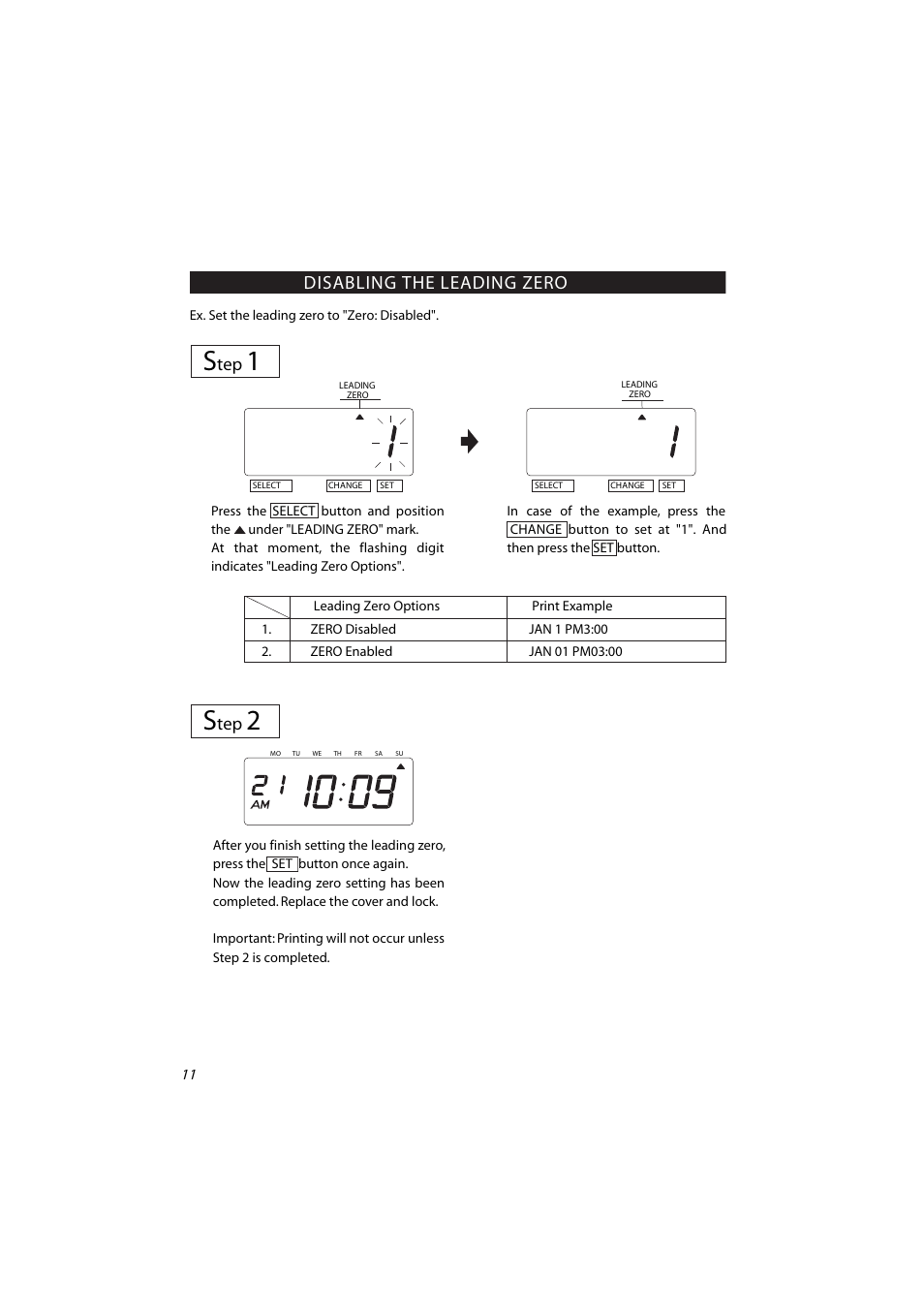 Setting the print style s, Disabling the leading zero | Acroprint ES700 Electronic Time Recorder User Manual | Page 16 / 34