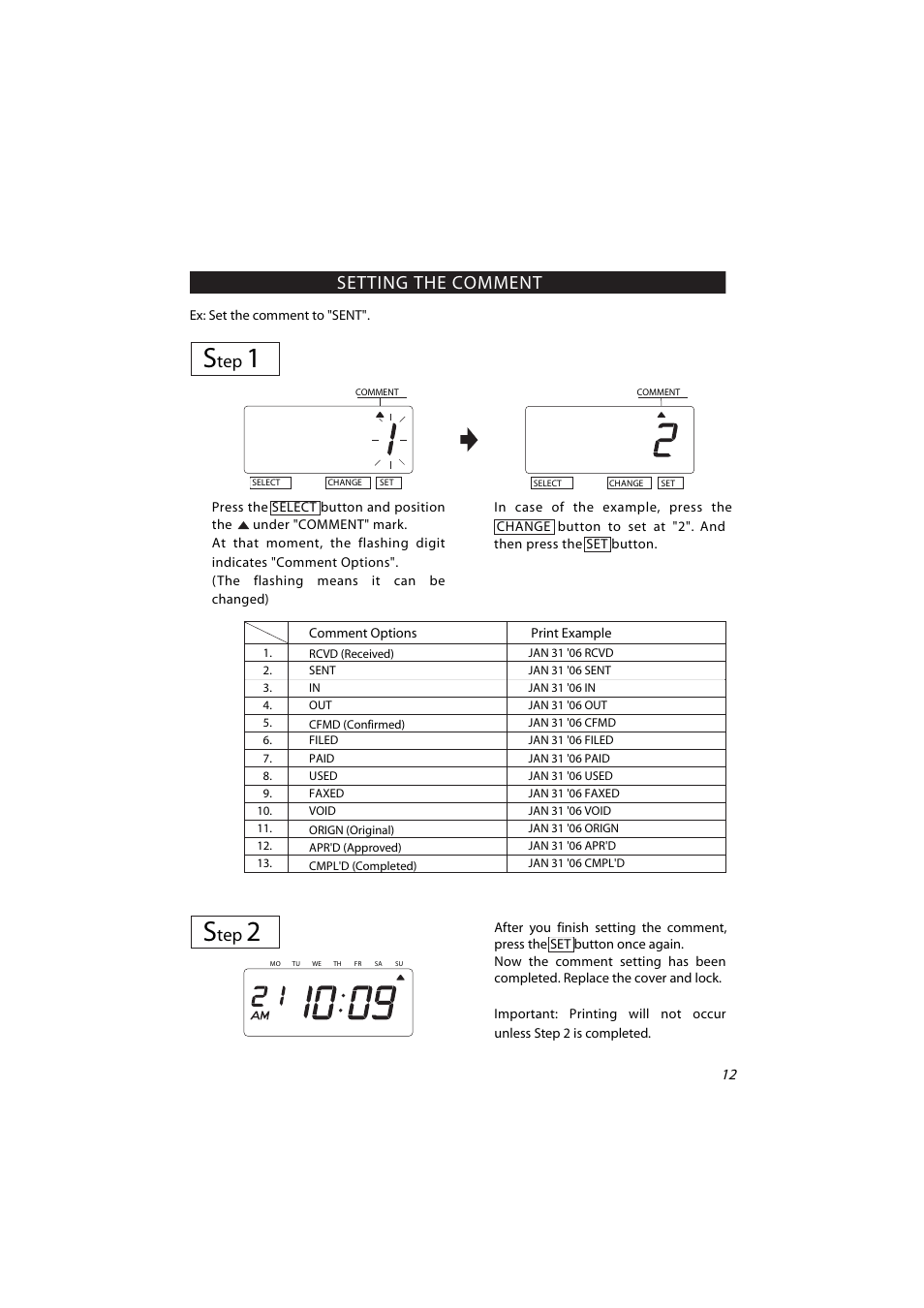 Setting the print style s, Setting the comment | Acroprint ES700 Electronic Time Recorder User Manual | Page 17 / 34