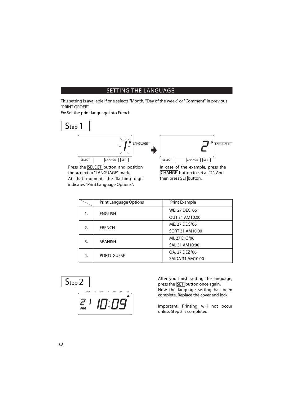 Setting the print style s, Setting the language | Acroprint ES700 Electronic Time Recorder User Manual | Page 18 / 34
