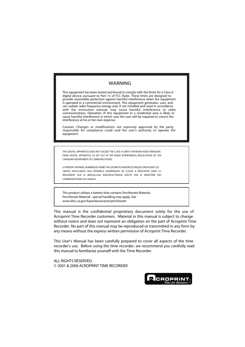 Warning | Acroprint ES700 Electronic Time Recorder User Manual | Page 2 / 34
