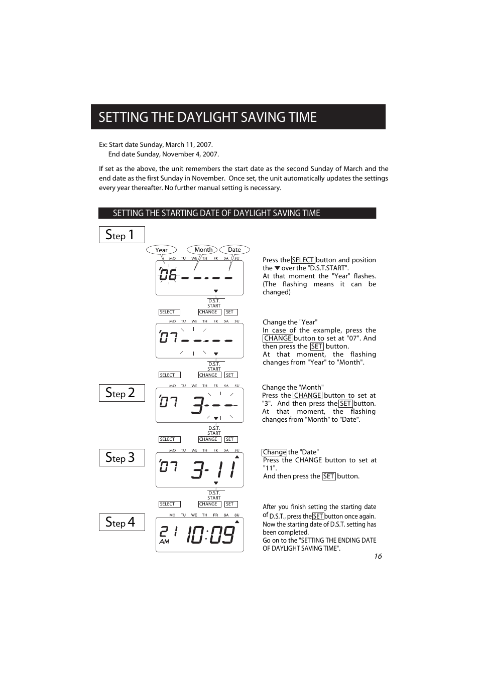 Setting the daylight saving time s, Setting the starting date of daylight saving time | Acroprint ES700 Electronic Time Recorder User Manual | Page 21 / 34