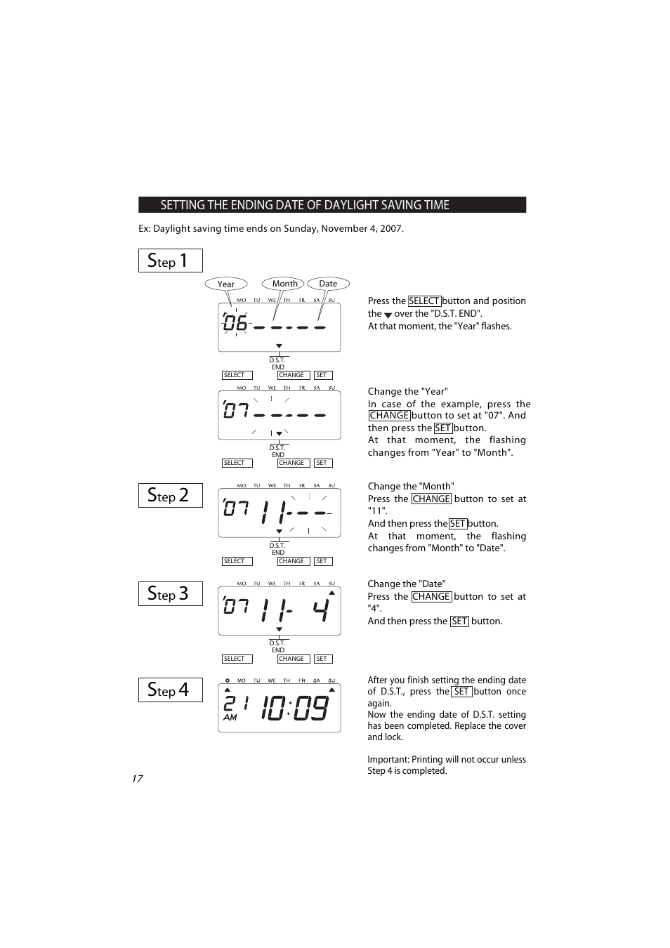 Setting the daylight saving time s, Setting the ending date of daylight saving time | Acroprint ES700 Electronic Time Recorder User Manual | Page 22 / 34