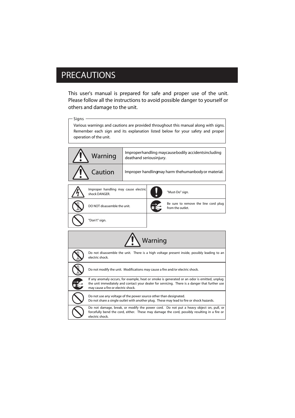 Precautions, Caution warning, Warning | Acroprint ES700 Electronic Time Recorder User Manual | Page 3 / 34