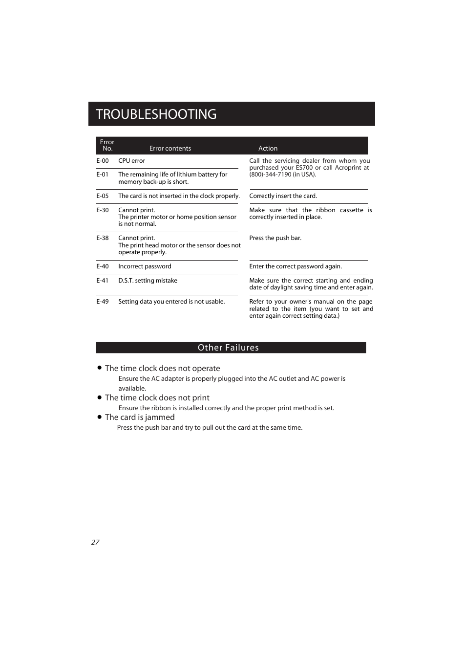 Troubleshooting, Other failures | Acroprint ES700 Electronic Time Recorder User Manual | Page 32 / 34