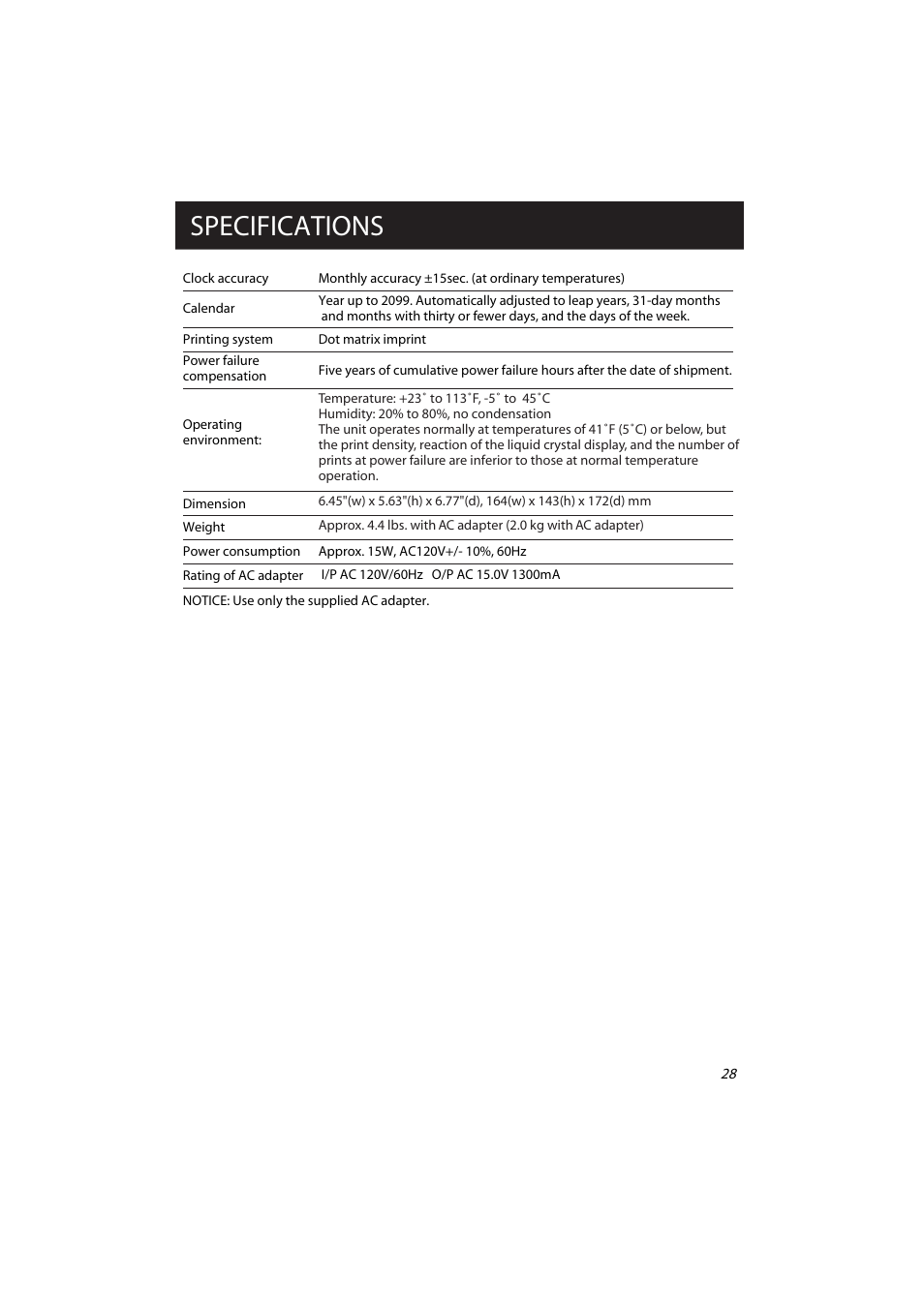 Specifications | Acroprint ES700 Electronic Time Recorder User Manual | Page 33 / 34