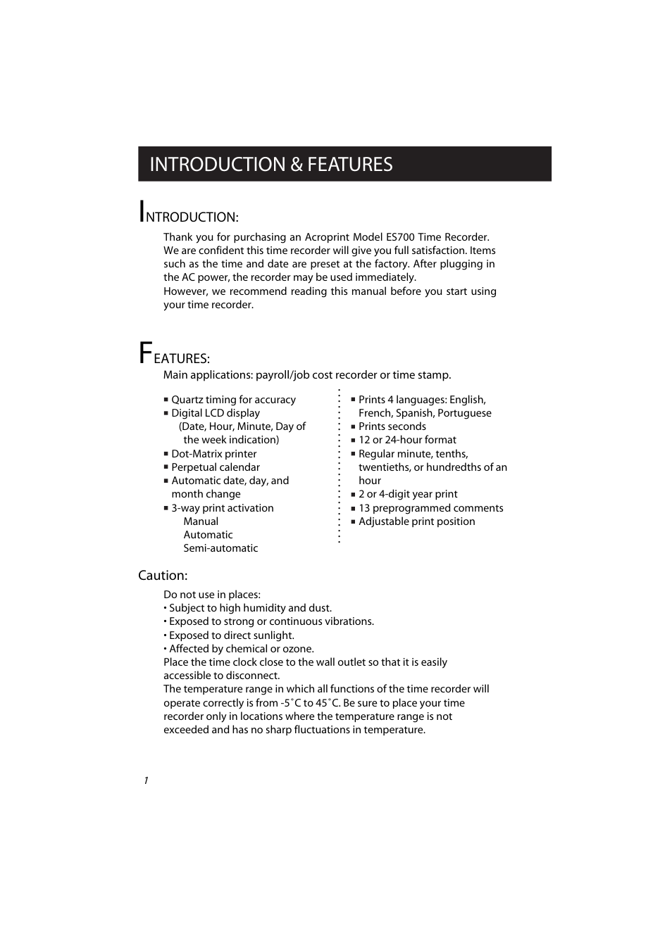 Introduction & features, Ntroduction, Eatures | Caution | Acroprint ES700 Electronic Time Recorder User Manual | Page 6 / 34