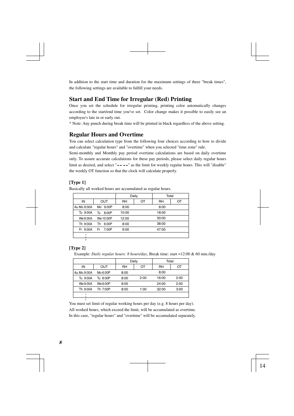 Start and end time for irregular (red) printing, Regular hours and overtime | Acroprint ES1000 Totalizing Payroll Recorder User Manual | Page 14 / 76