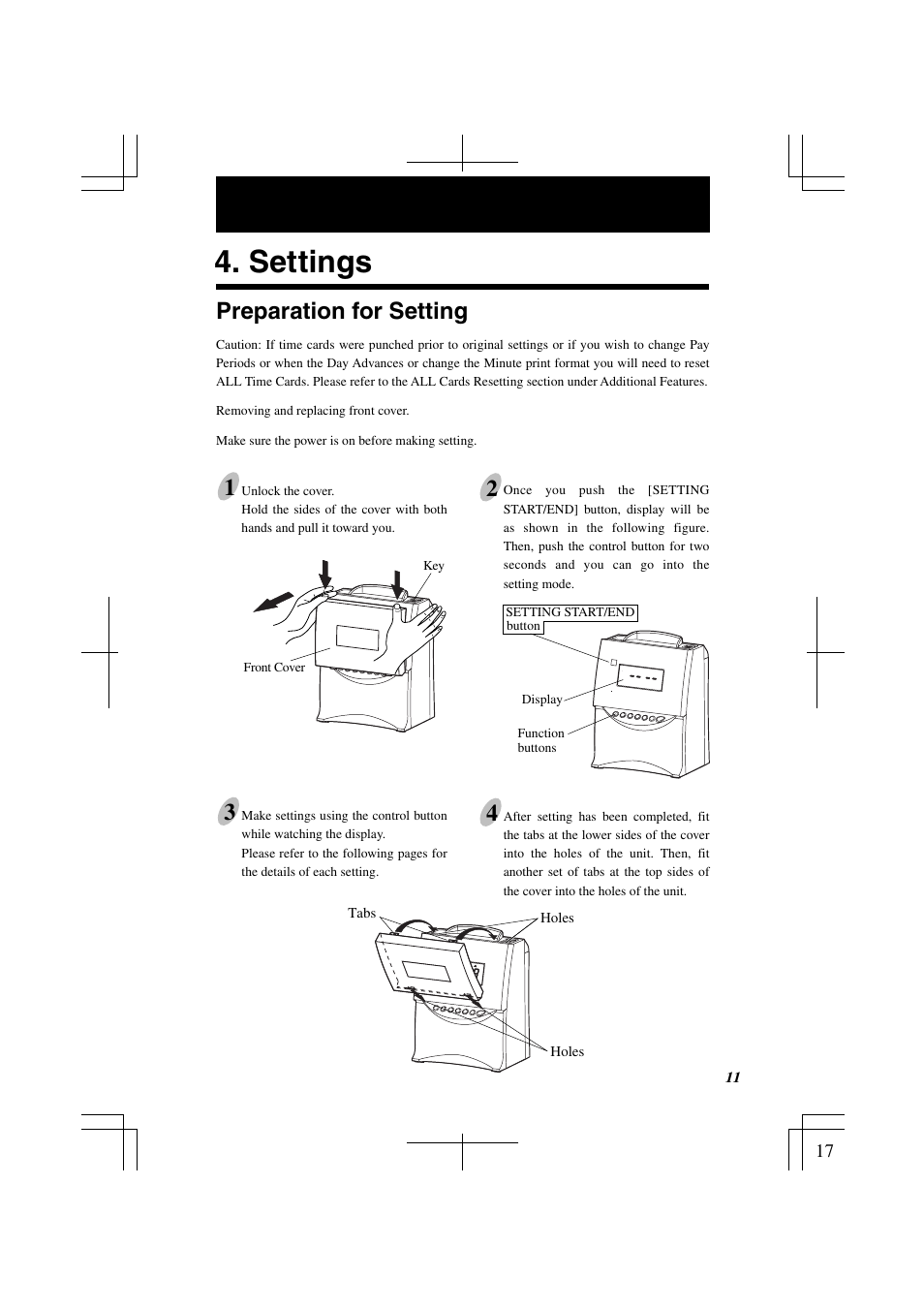 Settings, Preparation for setting | Acroprint ES1000 Totalizing Payroll Recorder User Manual | Page 17 / 76