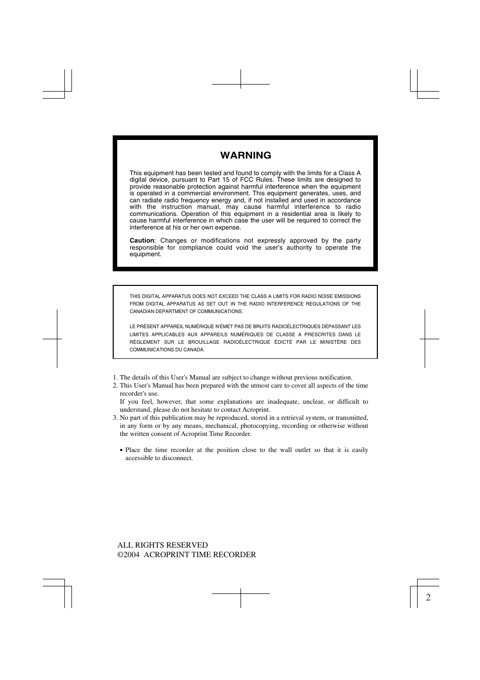 Warning, All rights reserved ©2004 acroprint time recorder | Acroprint ES1000 Totalizing Payroll Recorder User Manual | Page 2 / 76