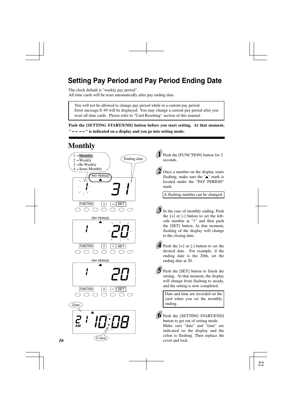 Setting pay period and pay period ending date, Monthly, Setting pay period and pay period ending date 1 | Acroprint ES1000 Totalizing Payroll Recorder User Manual | Page 22 / 76