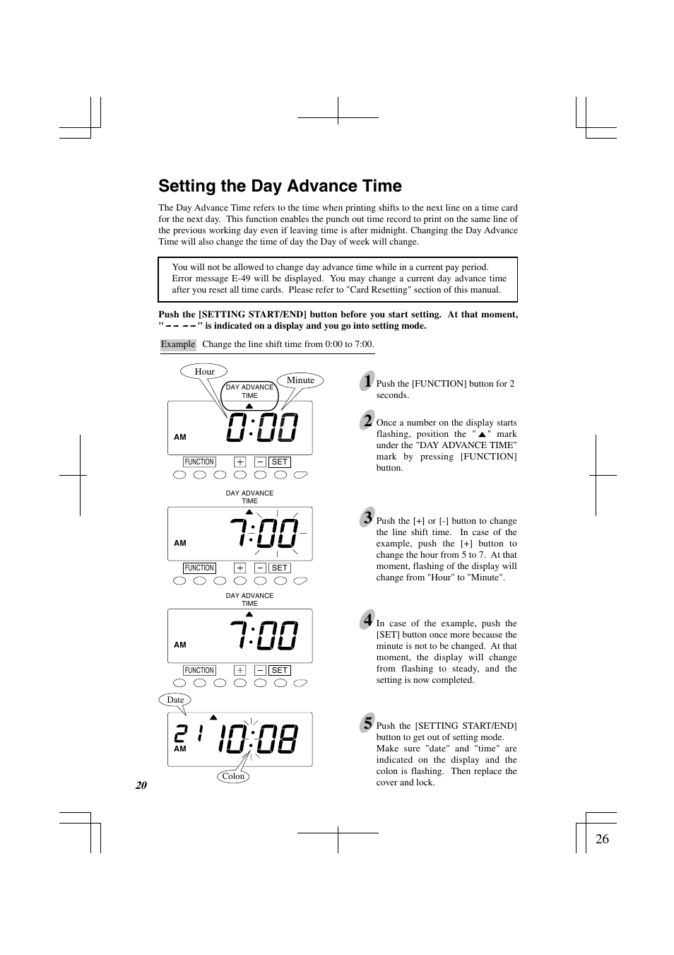 Setting the day advance time, Setting the day advance time 1 | Acroprint ES1000 Totalizing Payroll Recorder User Manual | Page 26 / 76
