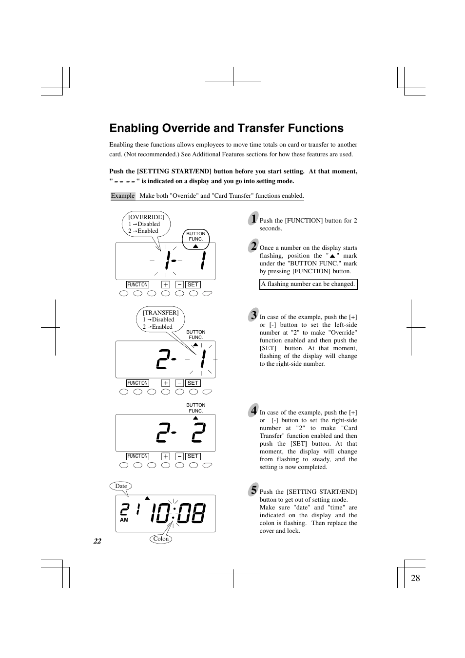 Enabling override and transfer functions, Enabling override and transfer functions 1 | Acroprint ES1000 Totalizing Payroll Recorder User Manual | Page 28 / 76