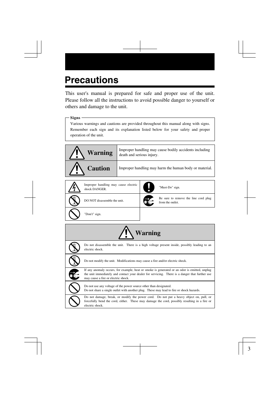 Precautions, Caution warning, Warning | Acroprint ES1000 Totalizing Payroll Recorder User Manual | Page 3 / 76