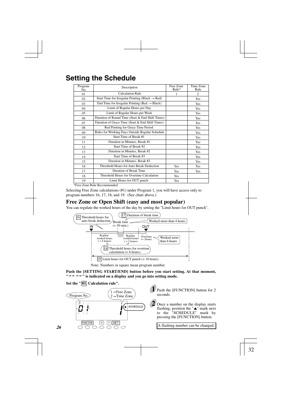 Setting the schedule, Free zone or open shift (easy and most popular) | Acroprint ES1000 Totalizing Payroll Recorder User Manual | Page 32 / 76