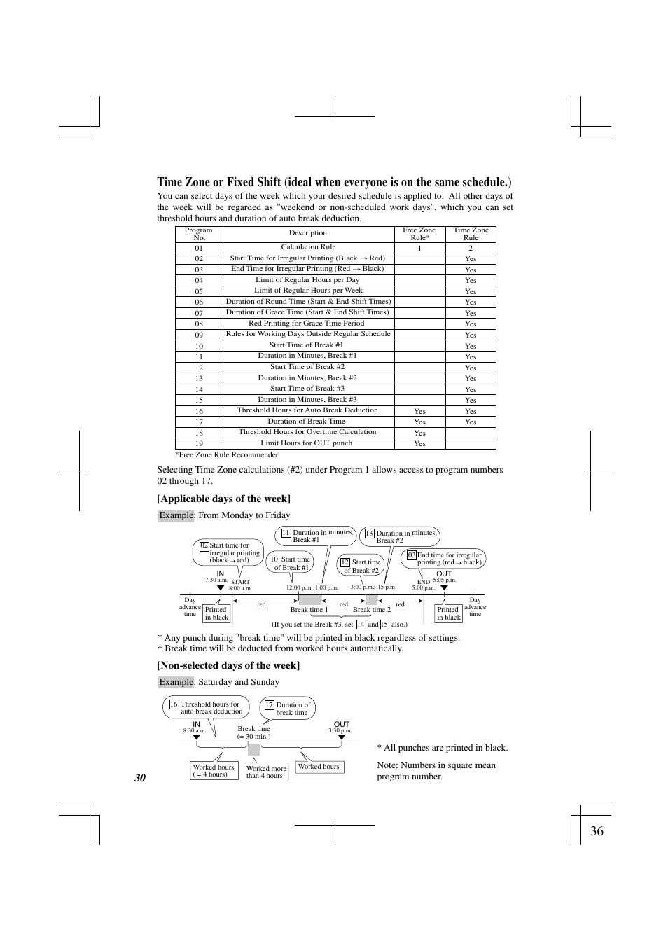 Non-selected days of the week, Applicable days of the week | Acroprint ES1000 Totalizing Payroll Recorder User Manual | Page 36 / 76