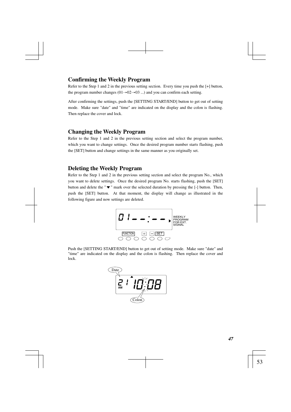 Confirming the weekly program, Changing the weekly program, Deleting the weekly program | Acroprint ES1000 Totalizing Payroll Recorder User Manual | Page 53 / 76