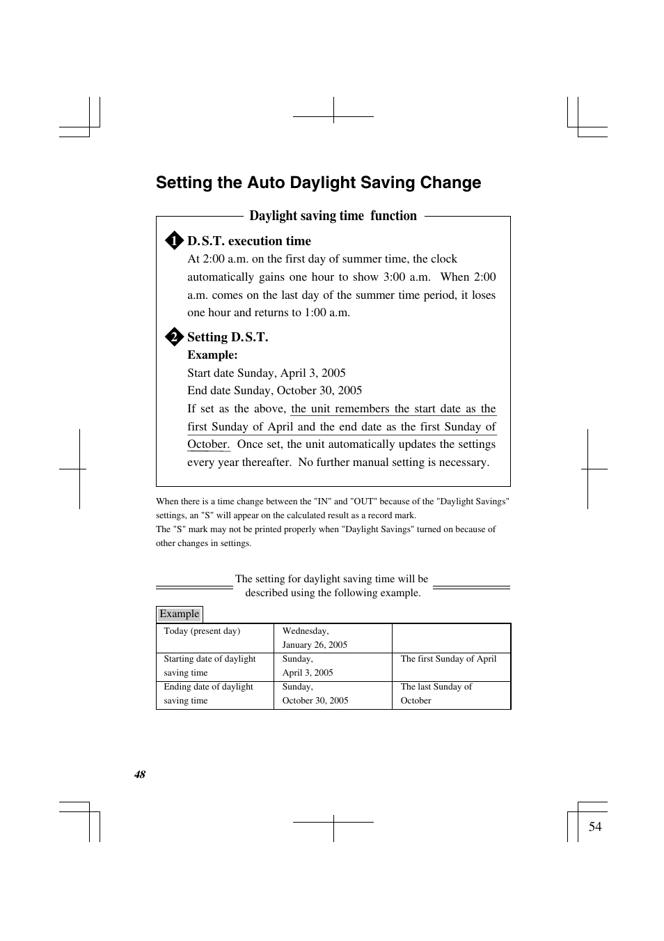Setting the auto daylight saving change, Daylight saving time function | Acroprint ES1000 Totalizing Payroll Recorder User Manual | Page 54 / 76