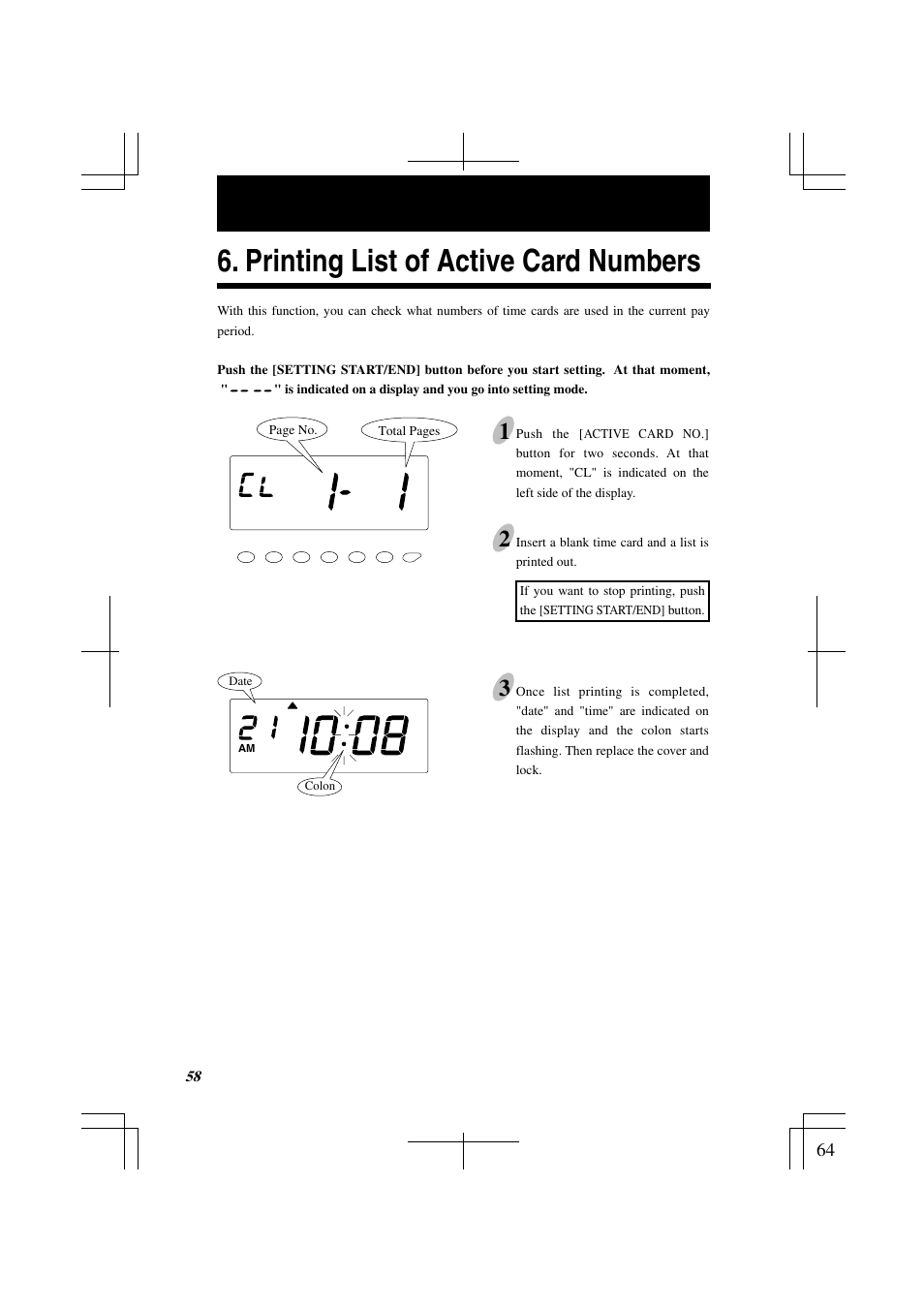 Printing list of active card numbers | Acroprint ES1000 Totalizing Payroll Recorder User Manual | Page 64 / 76